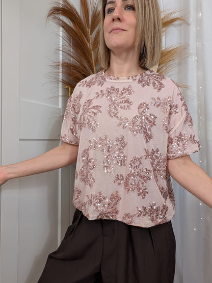 Top brodé fleur en sequins