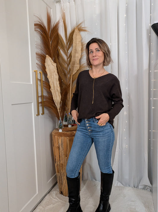Pull col en V fine maille chocolat