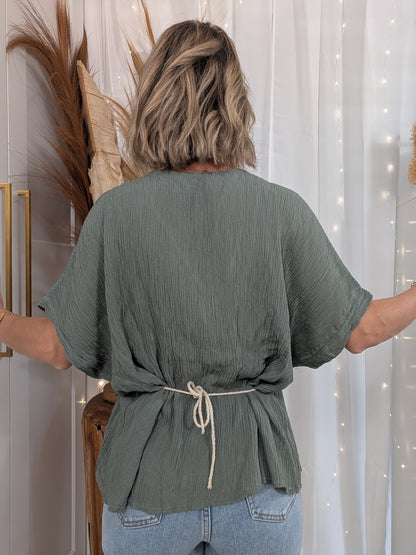 Top kaki à manche courtes avec bijoux à perles - Nancy