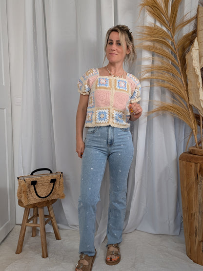 Jean coupe droite à motif petites fleurs blanches - Paquerette