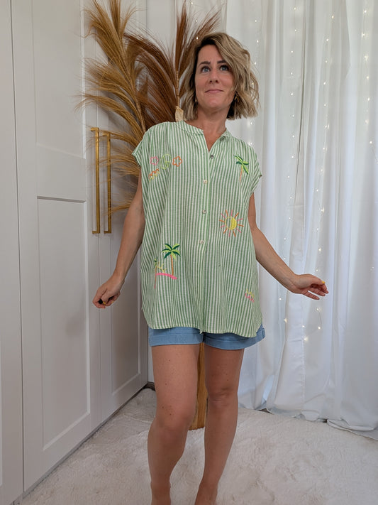 Chemise rayée verte motifs estivaux - Claudine