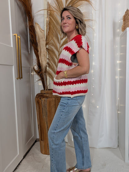 Gilet sans manche rouge, rose - Rayé