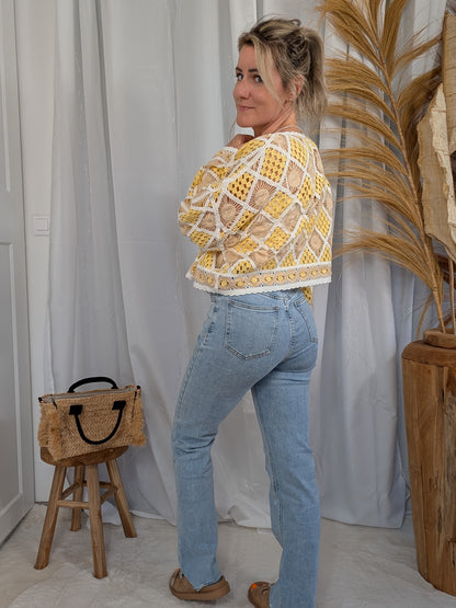 Jean coupe droite à motif petites fleurs blanches - Paquerette